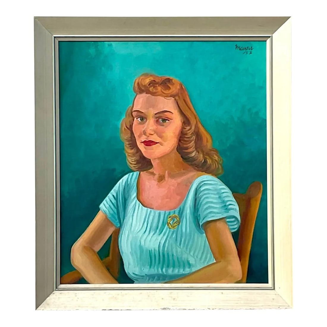 Vintage Boho 1952 Signed Oil Portrait on Canvas 29 x 33: Vintage Boho 1952 Signed Oil Portrait on Canvas 29 x 33 This exquisite vintage Boho original oil portrait showcases a chic and brightly colored composition of a young woman. Signed and dated by the ar