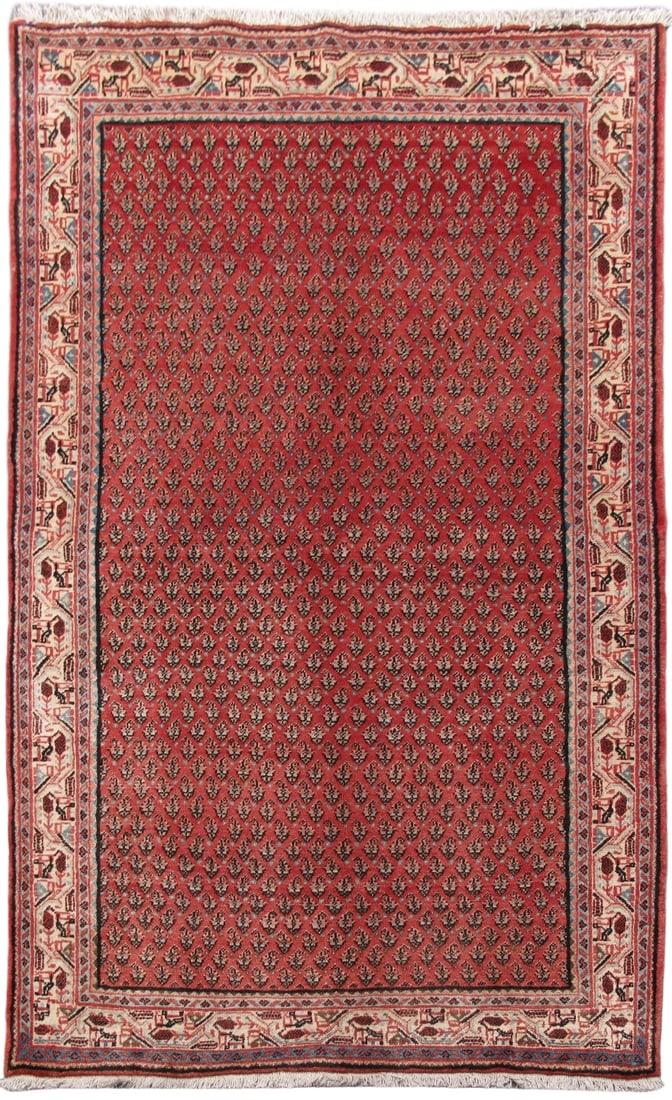 Handcrafted 4.4 x 7.1 Red Persian Hamadan Area Rug from Iran: Handcrafted 4.4 x 7.1 Red Persian Hamadan Area Rug from Iran Free continental US Shipping Introducing the 4' 4" x 7' 1" Red Persian Hamadan Rug, a vibrant and exquisite addition to your home decor. Ha
