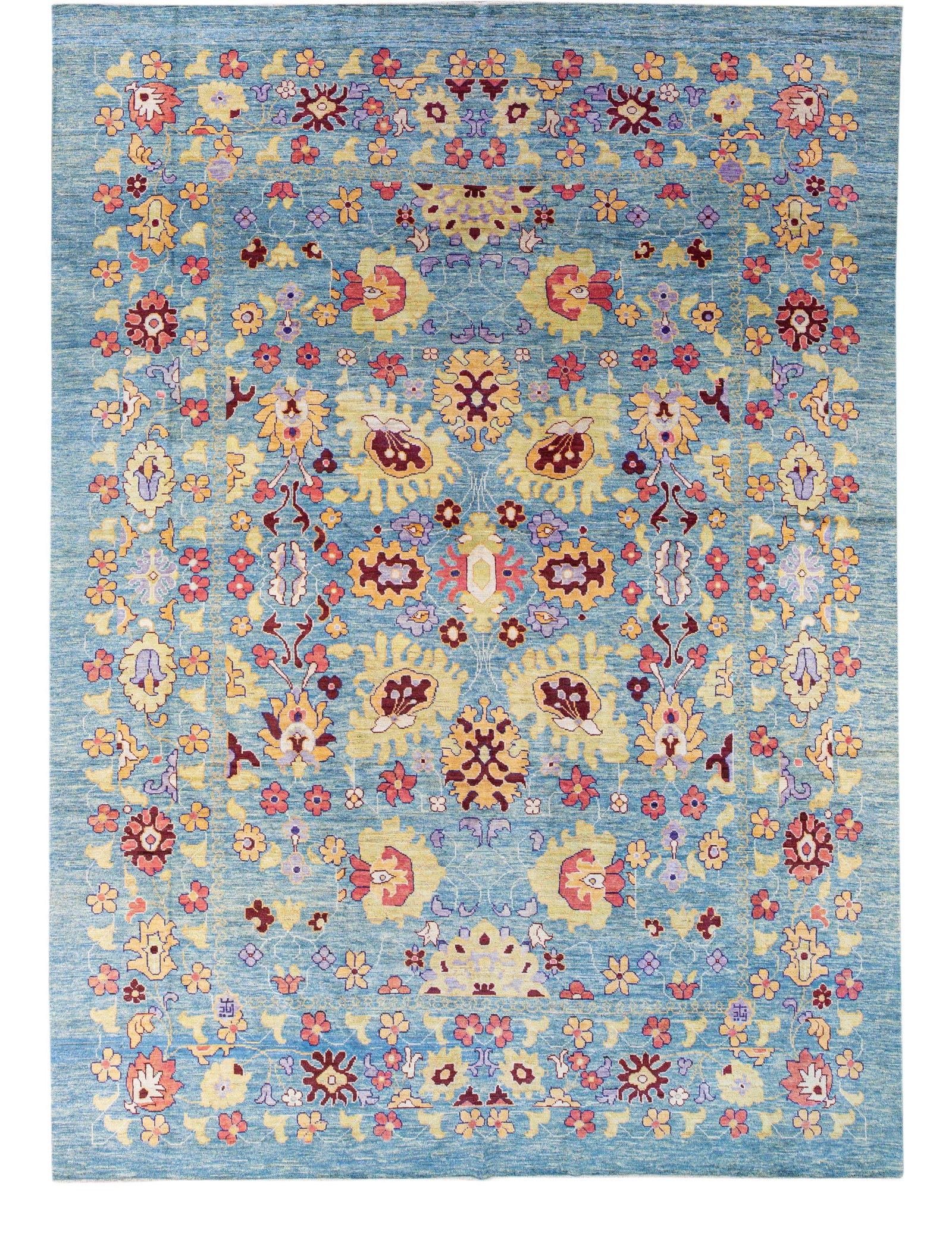 Oversized Modern Oushak Blue Wool Rug 11'8 x 16'2 Floral Design: Oversized Modern Oushak Blue Wool Rug 11'8 x 16'2 Floral Design Discover the beauty of this modern Oushak hand-knotted wool rug featuring a stunning blue field adorned with a vibrant geometric floral 