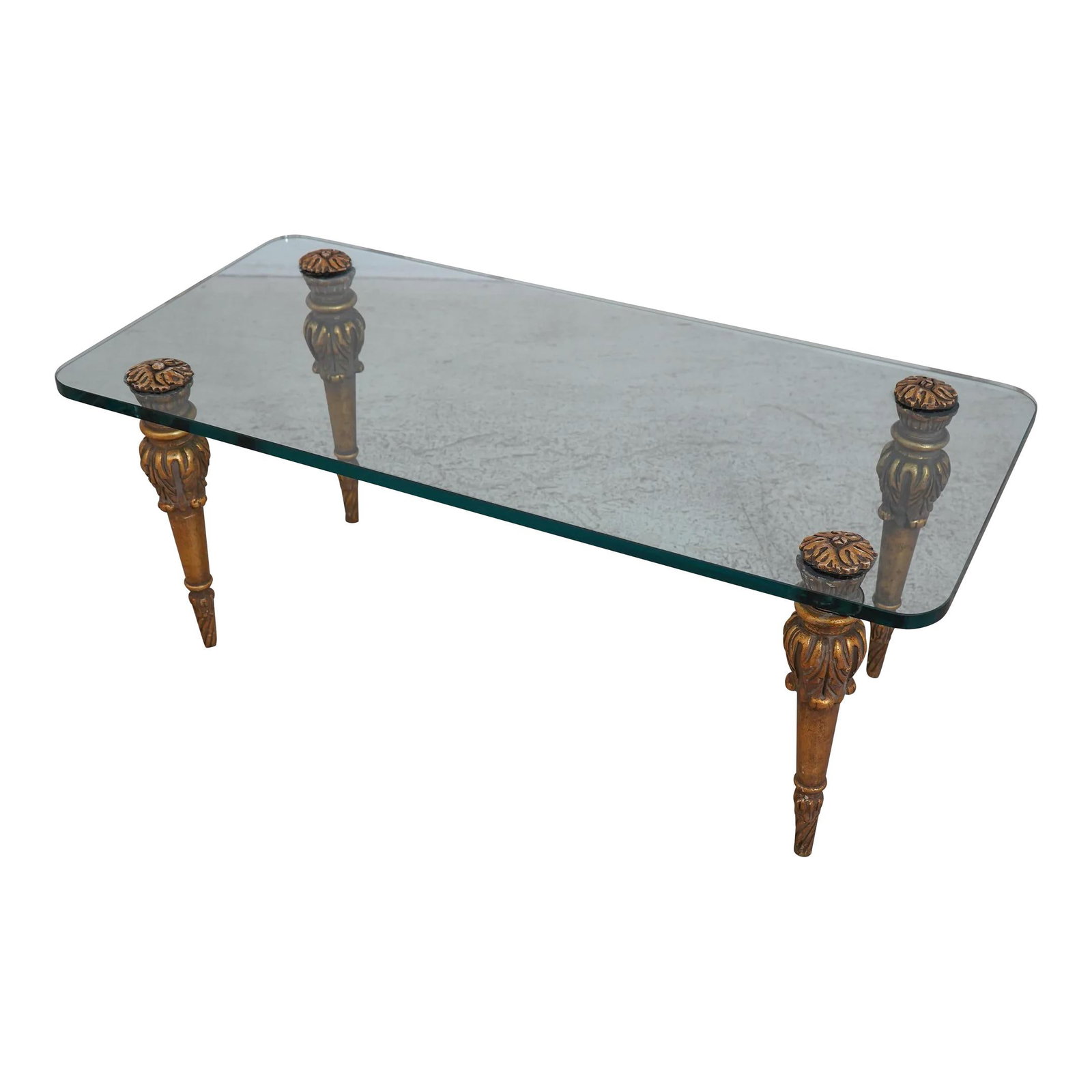 Hollywood Regency Gold Gilt Coffee Table with Glass Top 44 x 21 x 17.5: Hollywood Regency Gold Gilt Coffee Table with Glass Top 44 x 21 x 17.5 This stunning Hollywood Regency coffee table features a thick glass top supported by elegantly designed gold gilt finish legs, sh