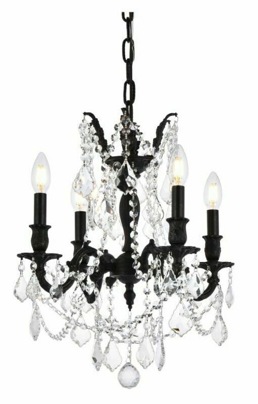 Rosalia 4-Light Dark Bronze Crystal Chandelier 17in x 21in: Rosalia 4-Light Dark Bronze Crystal Chandelier 17in x 21in This modern French empire-style chandelier features a dark bronze frame adorned with high-quality royal cut clear crystal accents. Designed f