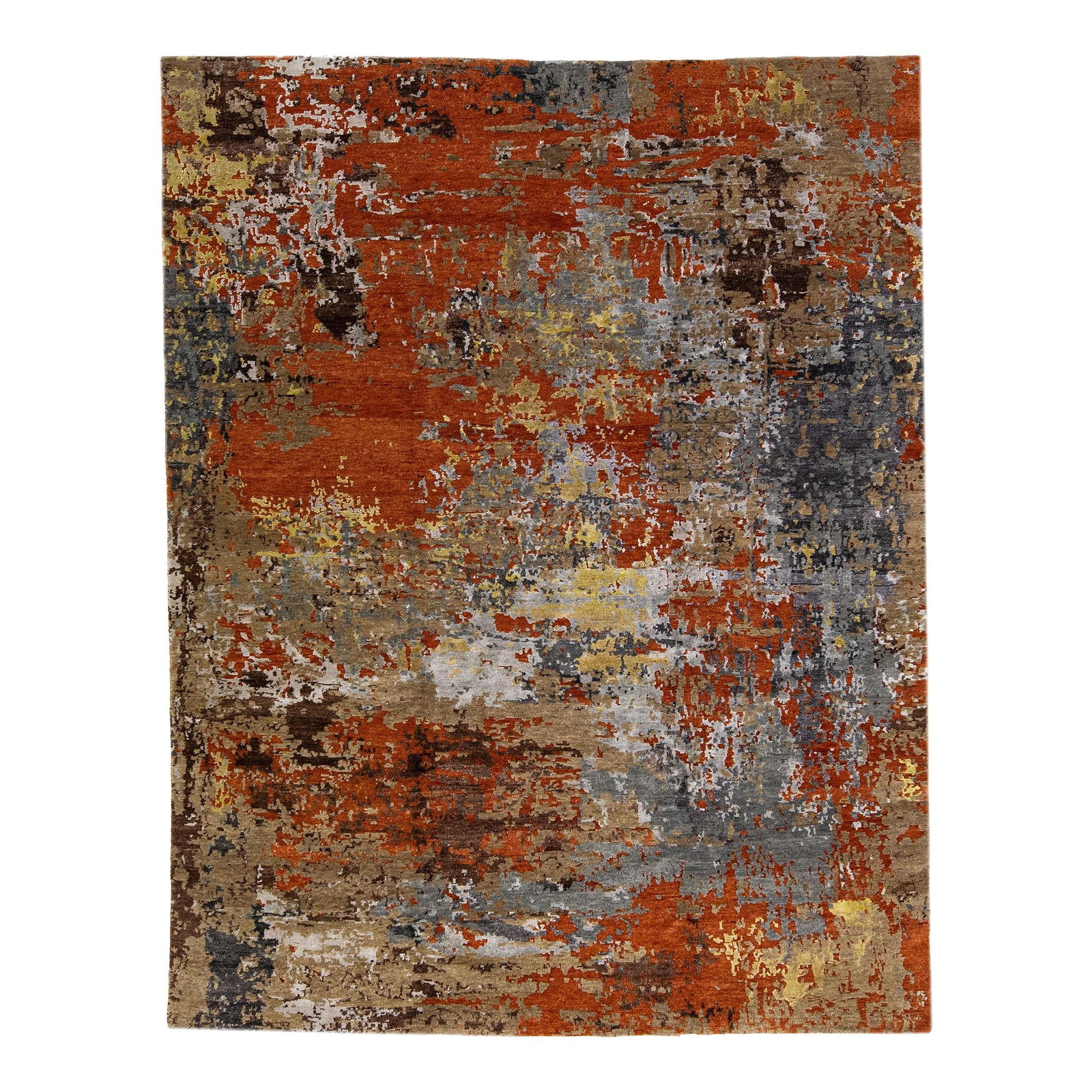 Vibrant Orange Abstract Wool Silk Rug 8' x 10': Vibrant Orange Abstract Wool Silk Rug 8' x 10' Enhance your living space with this exquisite Indian rug, expertly crafted from a luxurious blend of wool and silk. The striking orange field is adorned 