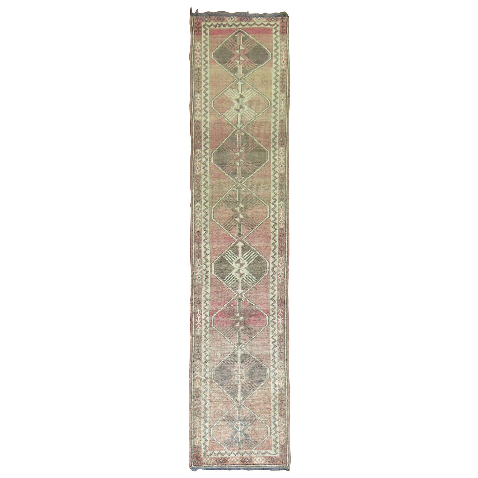 Vintage Oushak Turkish Runner 33 x 150 Wool Hand-Woven Pink Brown: Vintage Oushak Turkish Runner 33 x 150 Wool Hand-Woven Pink Brown This stunning vintage Turkish runner showcases a geometric design in elegant shades of pink and brown. Hand-woven from high-quality wo
