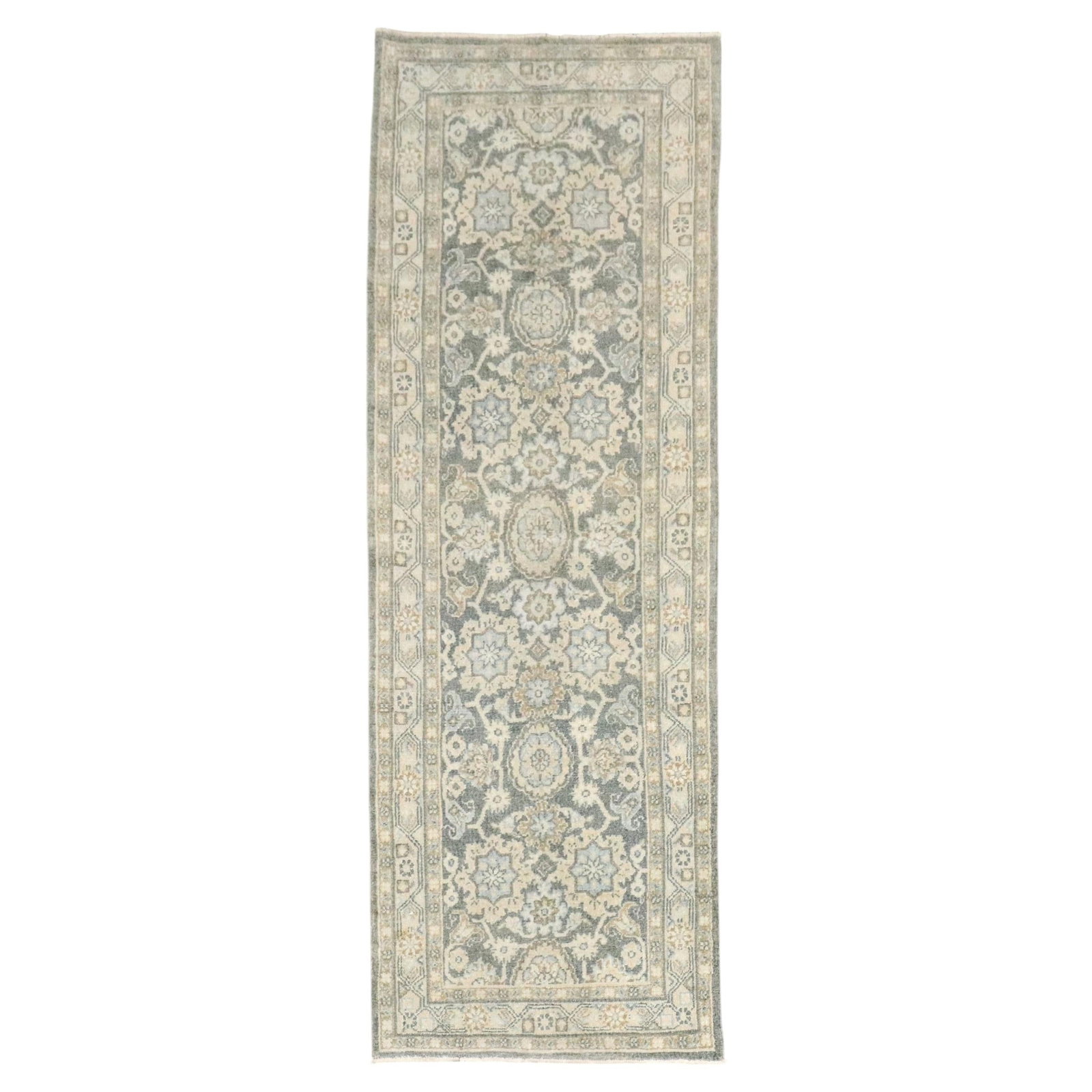 Hand Knotted Wool Malayer Bibikabad Runner 2'7 x 7'6: Hand Knotted Wool Malayer Bibikabad Runner 2'7 x 7'6 This early 20th century green Bibikabad runner features a Malayer style and is hand-knotted from wool. Originating from Afghanistan and dating to a