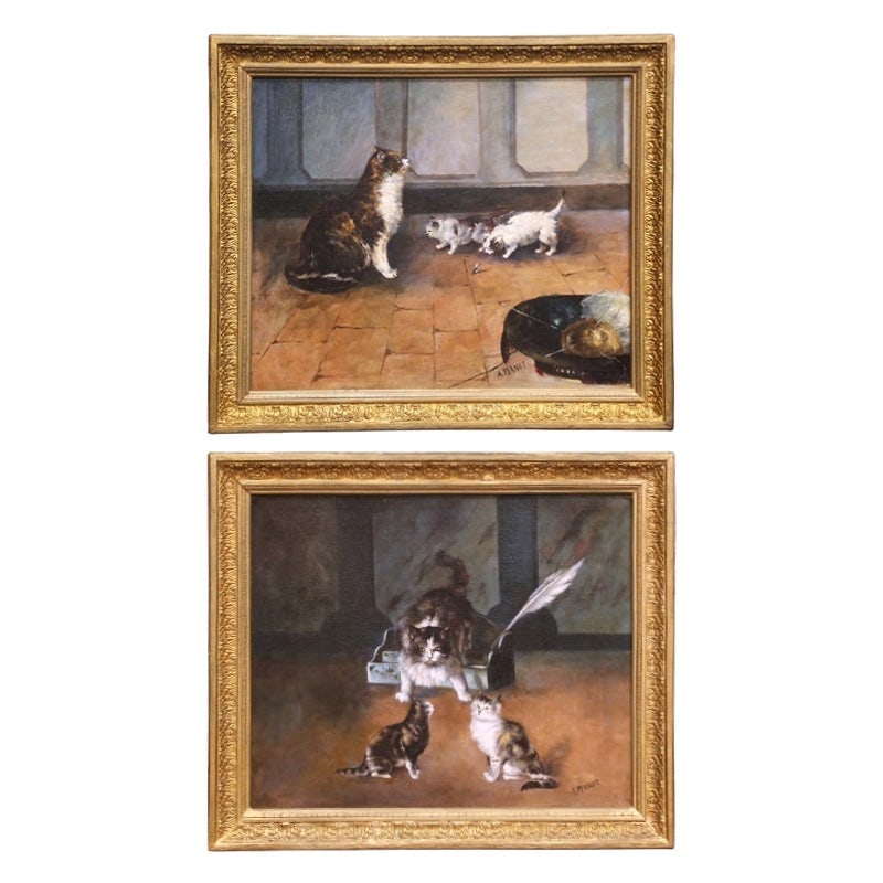 Set of Two French Cat Oil Paintings Signed A Pernot circa 1860 (1 of 18)