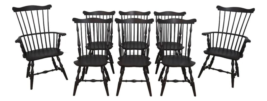 8 Wood Windsor Dining Chairs Black Crackle Finish Set of 8 (1 of 10)