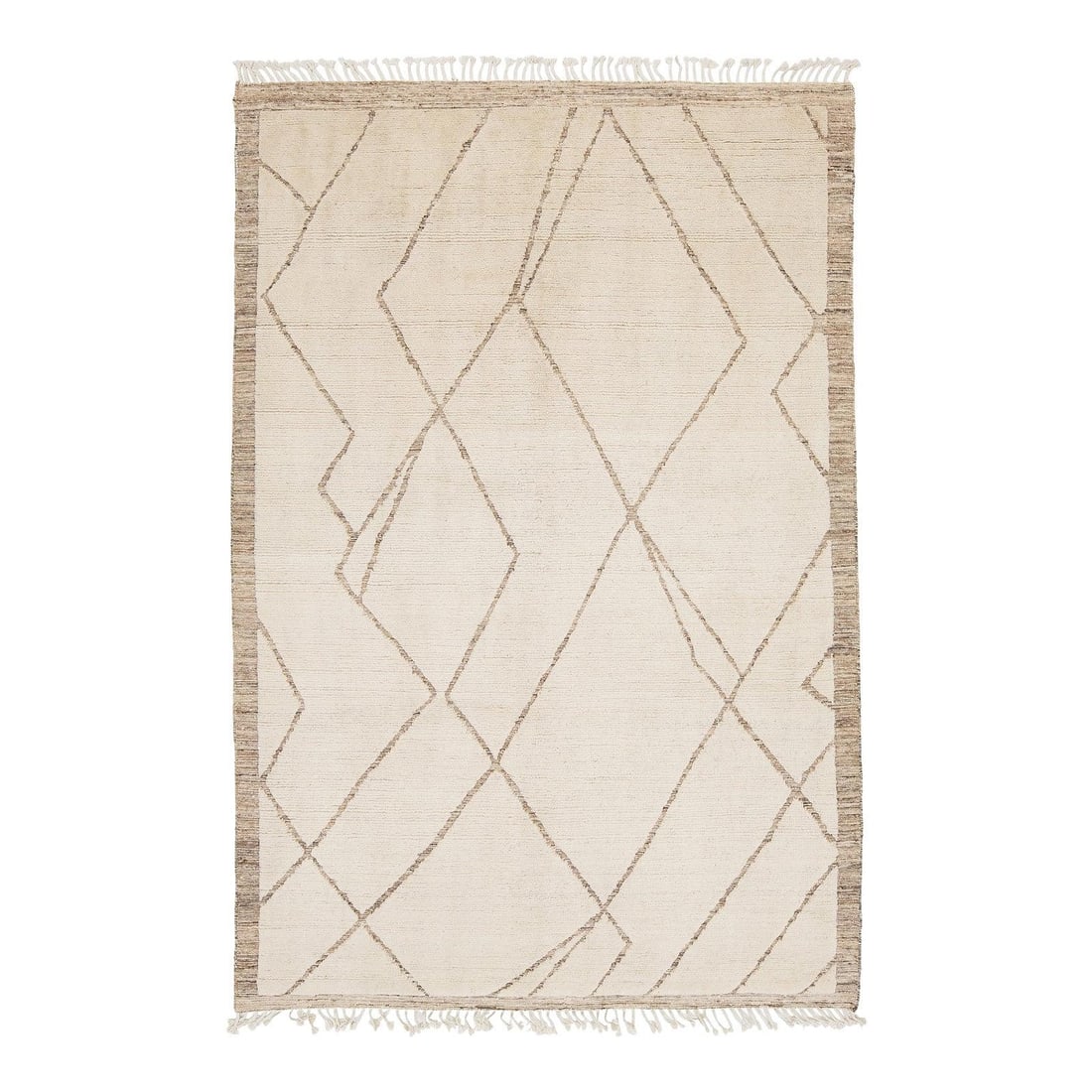 6x9 Hand Knotted Wool Rug in Beni Ourain Style: 6x9 Hand Knotted Wool Rug in Beni Ourain Style This Modern Moroccan-inspired Beni Ourain style rug features a minimalist, asymmetrical charcoal geometric lattice on a soft creamy ivory field. Hand-kno