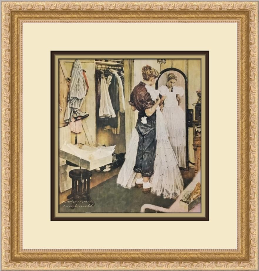 Framed Norman Rockwell The Prom Dress offset lithograph print: Framed Norman Rockwell The Prom Dress offset lithograph print Custom framed open edition print of Norman Rockwell's The Prom Dress. The piece is matted and framed in a 1" gold ornate frame with triple
