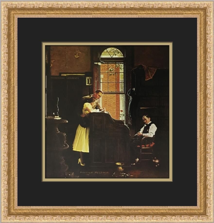 Norman Rockwell The Marriage License Custom Framed Print 15x15 Americana Art: Norman Rockwell The Marriage License Custom Framed Print 15x15 Americana Art This stunning custom framed print titled 'The Marriage License' by renowned artist Norman Rockwell captures the essence of 
