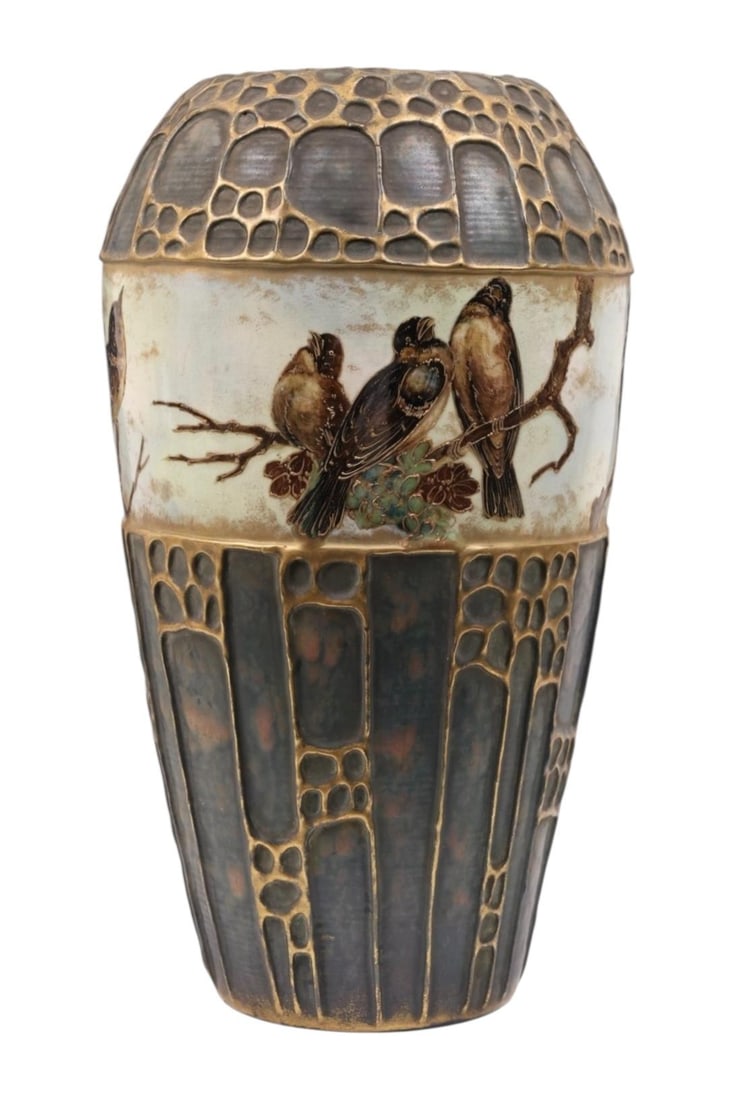 Art Nouveau Amphora Ceramic Vase with Thrush Bird Motif 18 Inch: Art Nouveau Amphora Ceramic Vase with Thrush Bird Motif 18 Inch This impressive antique Amphora vase, standing 18 inches tall, dates to the 1890s and exemplifies the Art Nouveau style. Crafted from ce