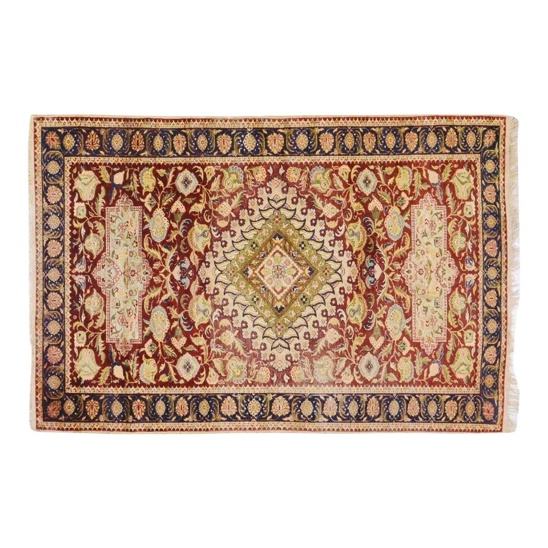 4'x6' Kayseri Turkish Rug Hand Knotted in Silk and Cotton: 4'x6' Kayseri Turkish Rug Hand Knotted in Silk and Cotton This antique Turkish Kayseri rug is hand-knotted using traditional techniques, blending cotton and silk for a durable yet soft texture. The ru