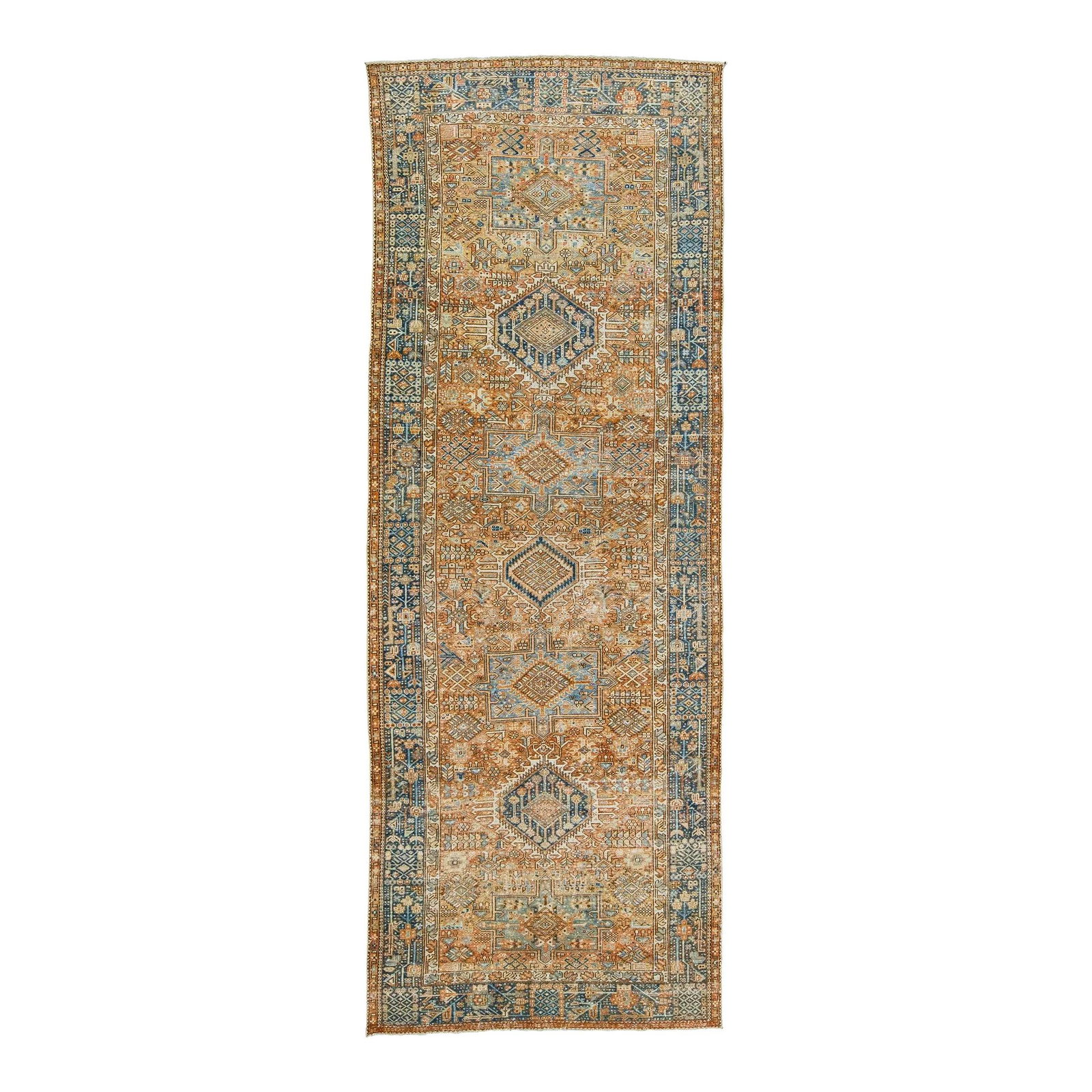20th Century Orange Heriz Hand-Knotted Wool Runner 4'7 x 12'5: 20th Century Orange Heriz Hand-Knotted Wool Runner 4'7 x 12'5 Enhance your space with this stunning 20th-century Heriz hand-knotted wool runner, featuring a vibrant orange field adorned with intricate