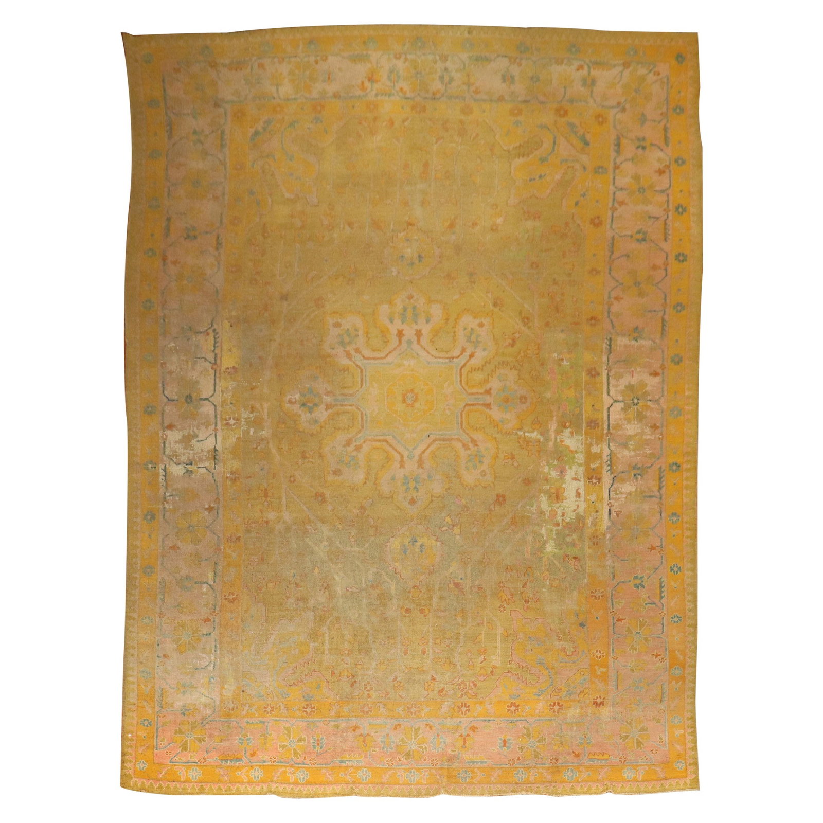 19th Century Distressed Turkish Oushak Rug Hand-Woven Wool 9'9 x 15': 19th Century Distressed Turkish Oushak Rug Hand-Woven Wool 9'9 x 15' Discover the beauty of this late 19th Century Antique Turkish Distressed Oushak Rug, hand-woven in Turkey circa 1880s. Measuring 9'