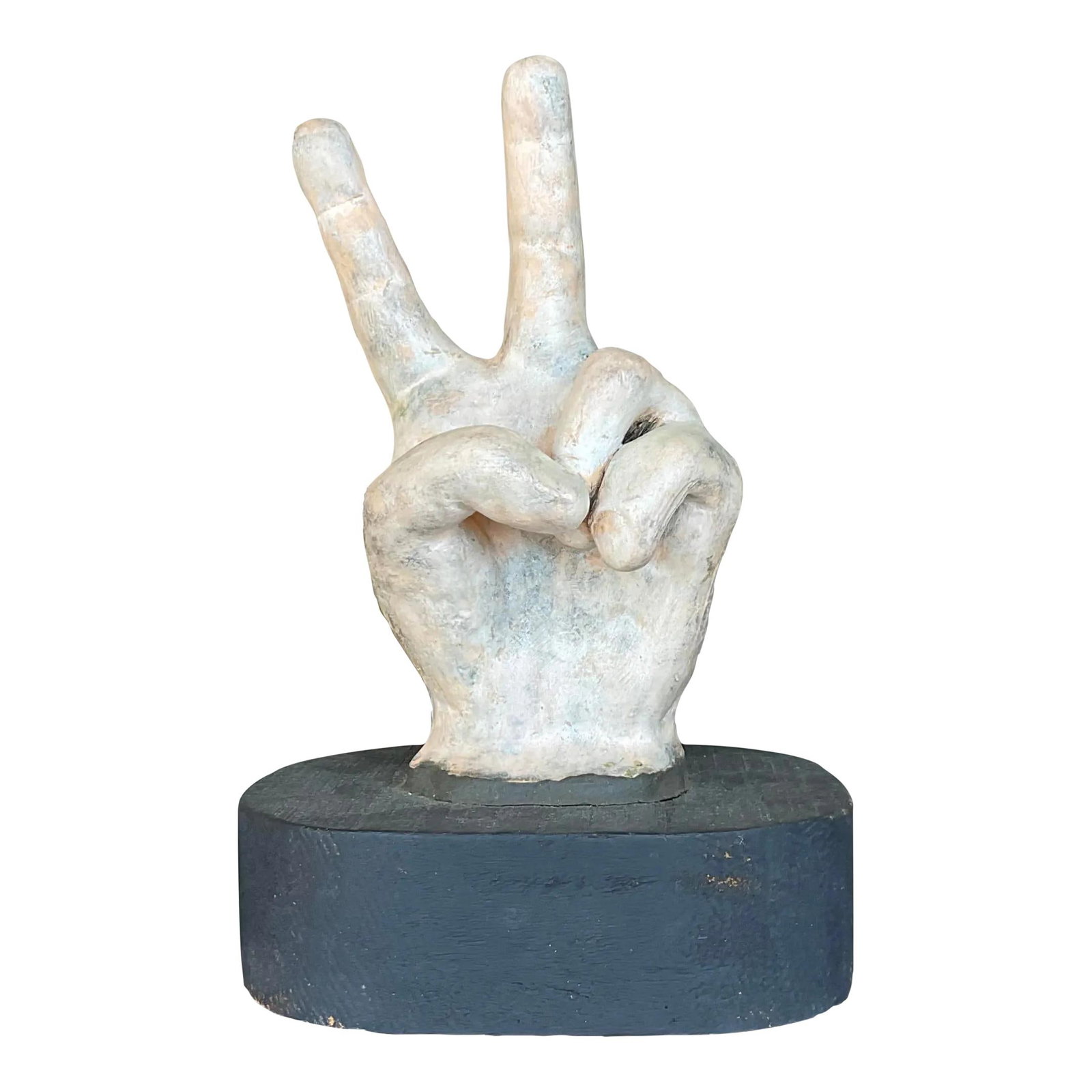 Vintage Boho Peace Sign Hand Ceramic Sculpture on Wood Plinth (1 of 7)
