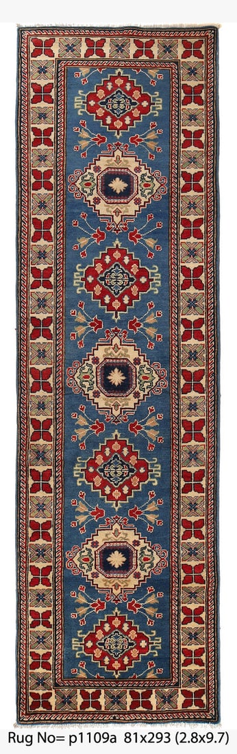 Handmade Wool Kazak Runner 2'8" x 9'7" in Blue: Handmade Wool Kazak Runner 2'8" x 9'7" in Blue Free continental US Shipping Discover the beauty of our Handmade Wool Genuine Kazak Rug, featuring a captivating blue hue and intricate geometric pattern