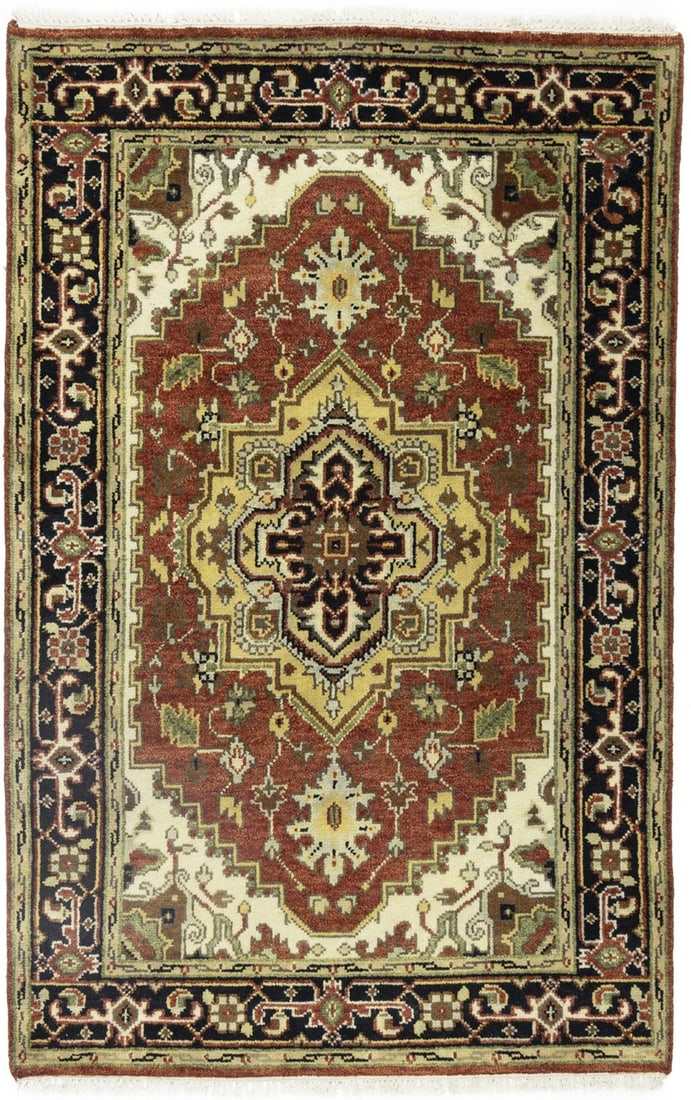 Hand-Knotted Wool Area Rug Geometric Tribal Serapi Design 4x6 ft: Hand-Knotted Wool Area Rug Geometric Tribal Serapi Design 4x6 ft This hand-knotted Serapi area rug features a striking geometric tribal pattern in a palette of rusty red, dark navy, buff beige, brown,