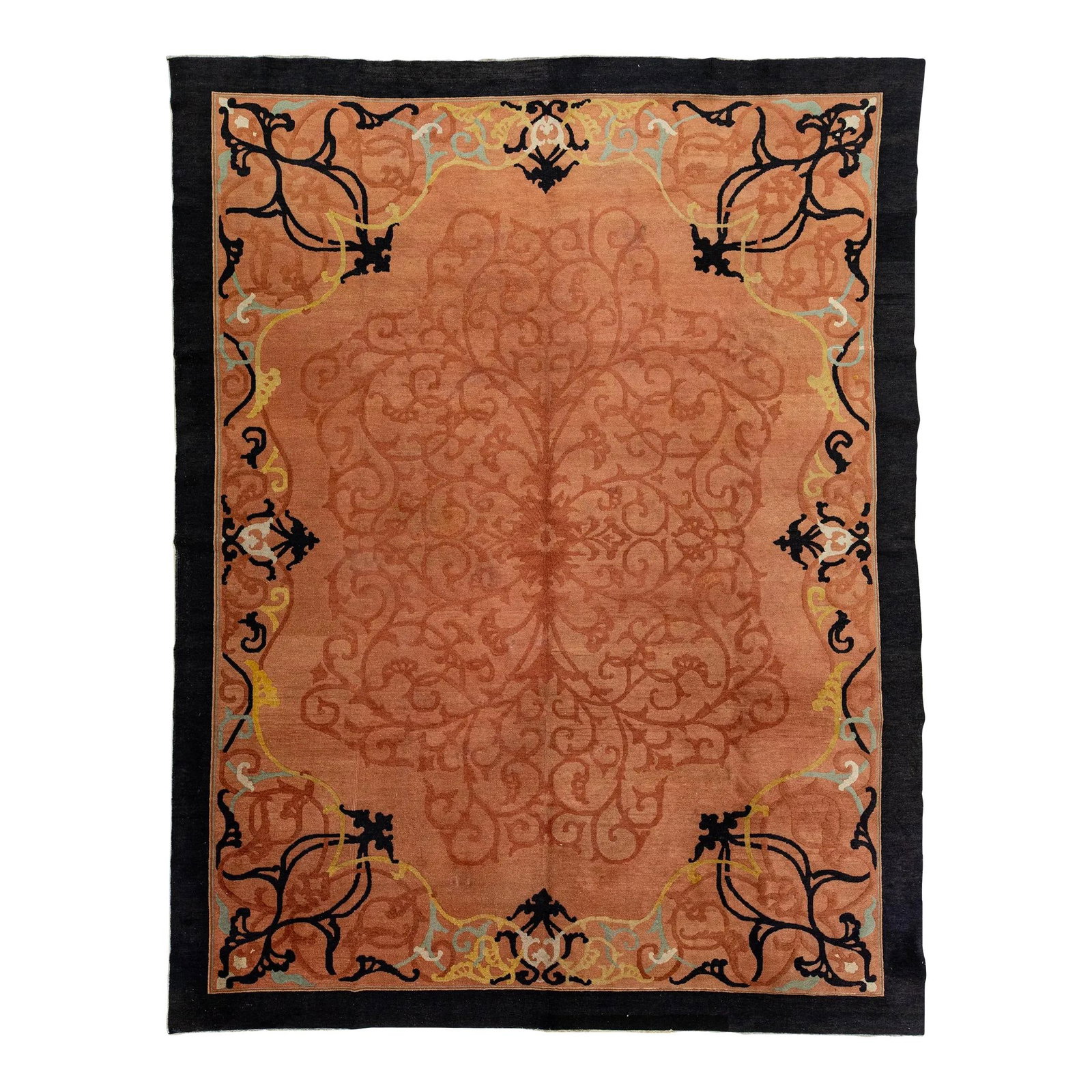 1920s Antique Chinese Art Deco Wool Rug Terracotta Floral Design 9' x 12': 1920s Antique Chinese Art Deco Wool Rug Terracotta Floral Design 9' x 12' This stunning 1920s antique Chinese Art Deco rug features a rich terracotta color field, beautifully hand-knotted from wool. T