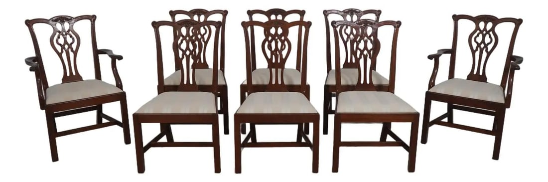 Set of Eight Mahogany Chippendale Style Dining Chairs by Stickley: Set of Eight Mahogany Chippendale Style Dining Chairs by Stickley This set of eight Stickley Chippendale dining room chairs features solid mahogany construction with finely carved details and a tradit