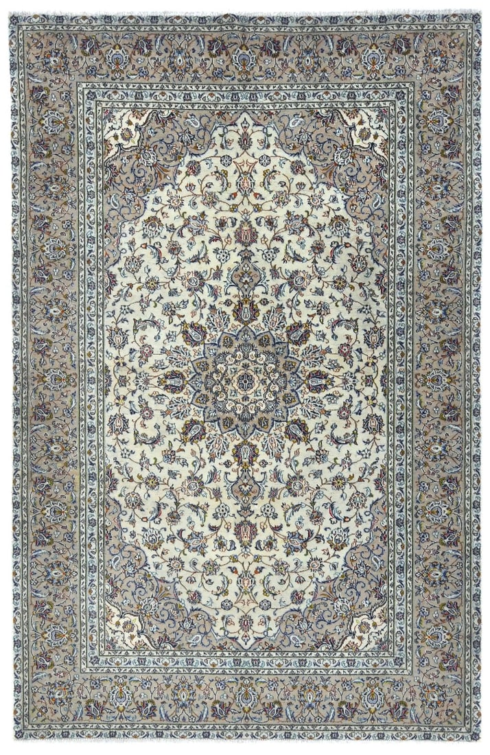 Hand-Knotted Wool Floral Rug 6'4 x 9'7 Cream Vintage Western Asia Carpet: Hand-Knotted Wool Floral Rug 6'4 x 9'7 Cream Vintage Western Asia Carpet This semi-antique handmade Oriental rug features a traditional floral pattern in cream, beige, brown, red, blue, and green tone