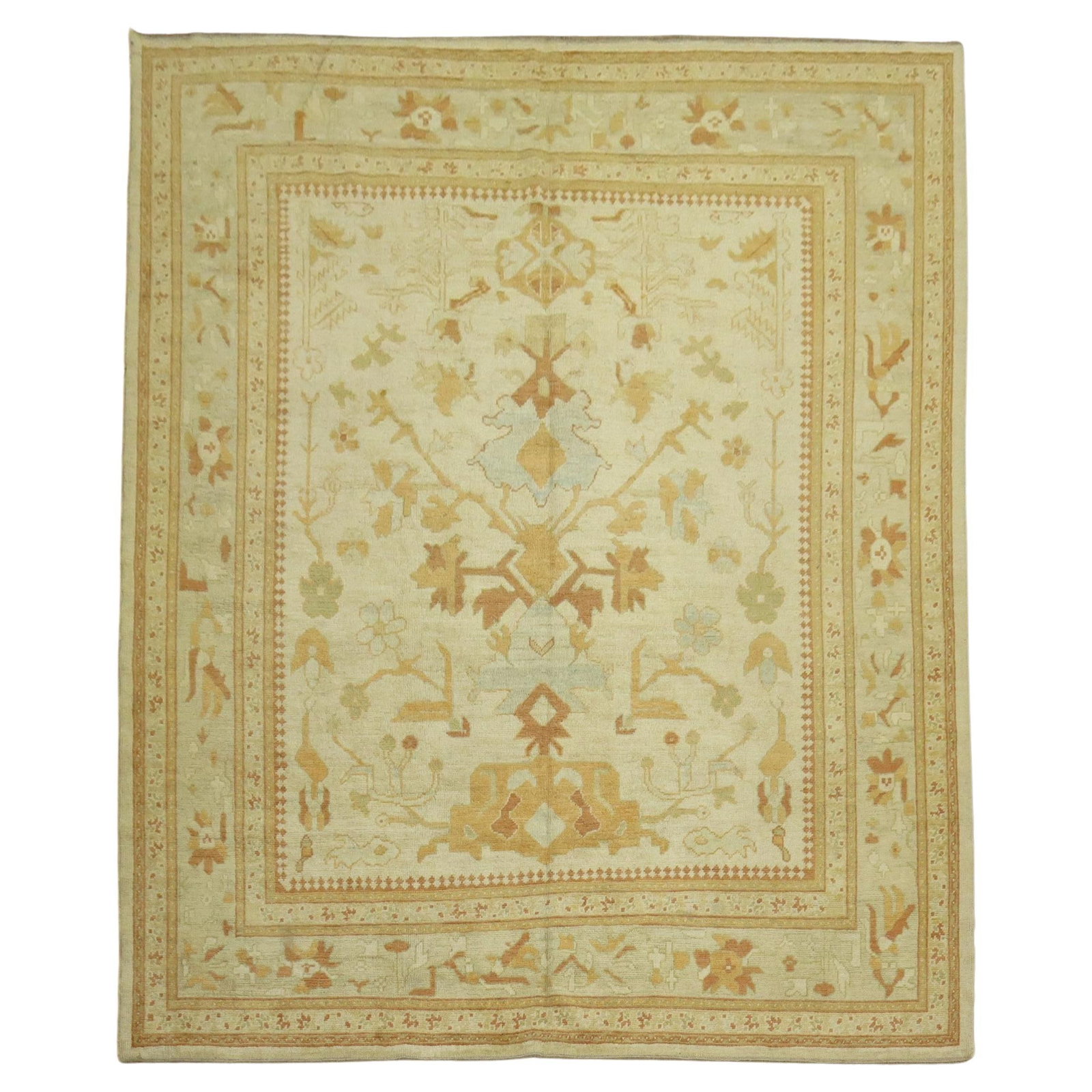 Zabihi Collection Hand-Knotted Turkish Oushak Wool Rug 102 x 122: Zabihi Collection Hand-Knotted Turkish Oushak Wool Rug 102 x 122 This exquisite Decorative Turkish Square Oushak rug features a stunning hand-knotted design, crafted from high-quality wool, showcasing