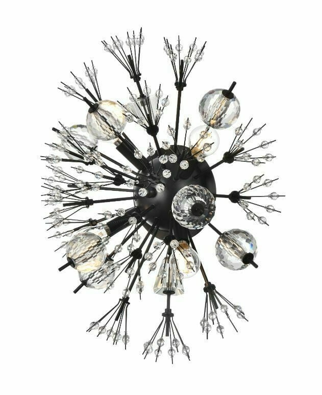Black 4 Light Crystal Glass Vera Wall Sconce 19 Inch: Black 4 Light Crystal Glass Vera Wall Sconce 19 Inch This modern wall sconce features a striking black Sputnik-style frame complemented by high-quality crystal and glass elements. Designed for indoor 