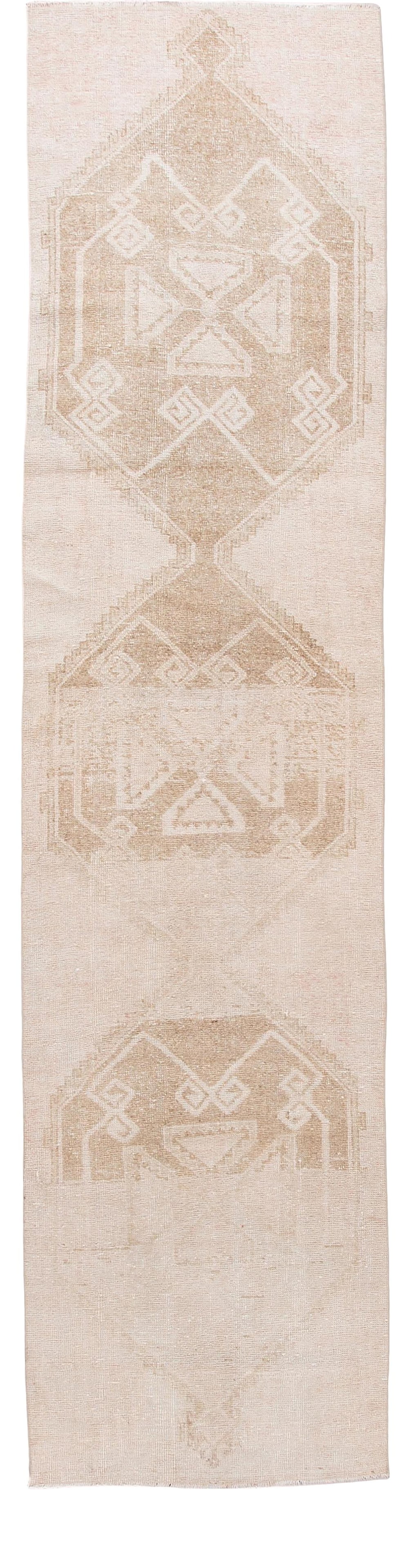 1960s Handmade Turkish Wool Runner Beige Tribal Design 3'1" x 12'10": 1960s Handmade Turkish Wool Runner Beige Tribal Design 3'1" x 12'10" This stunning vintage Turkish runner features a beautifully hand-knotted wool construction with a soft beige field complemented by 