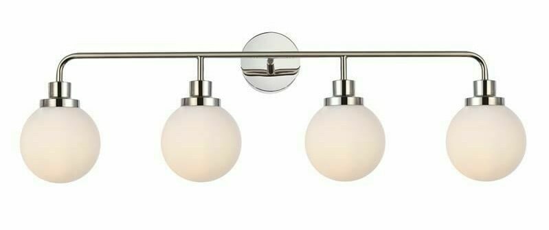 Hanson 4 Light Polished Nickel Wall Sconce with Frosted Glass: Hanson 4 Light Polished Nickel Wall Sconce with Frosted Glass This modern wall sconce features a polished nickel finish with four lights and white frosted glass shades. The fixture is constructed from