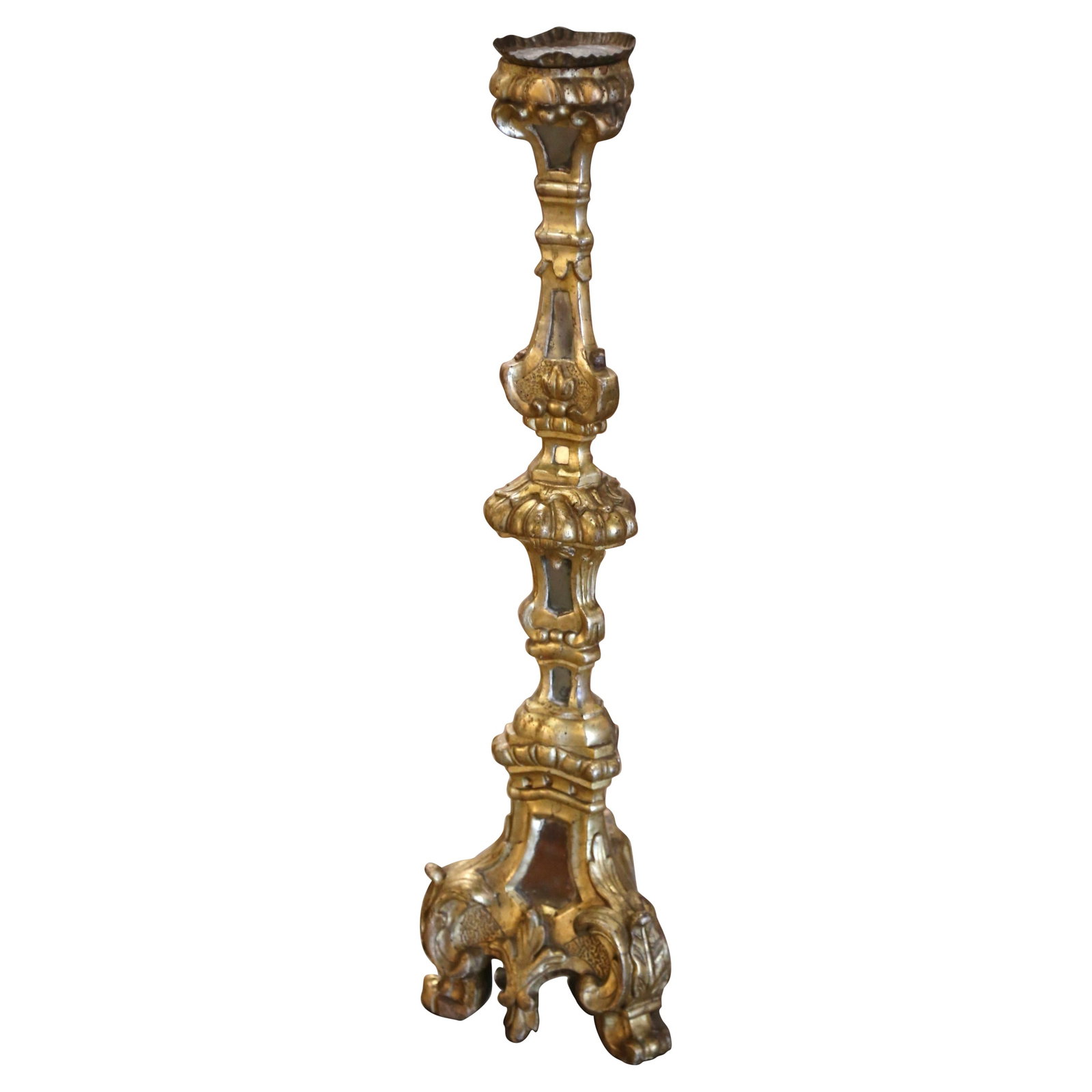 Italian Neoclassical Giltwood Candlestick with Mirrored Insets circa 1850: Italian Neoclassical Giltwood Candlestick with Mirrored Insets circa 1850 This mid-19th century Italian candlestick features intricate hand-carved giltwood with a rich gold leaf finish. Standing over 