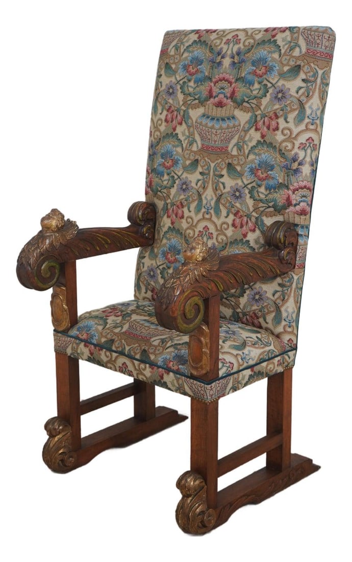 Italian cherub carved upholstered throne chair 28w x 28d x 60h: Italian cherub carved upholstered throne chair 28w x 28d x 60h This antique Italian throne chair features intricately carved cherub arms and a large, impressive frame. The chair has been professionall