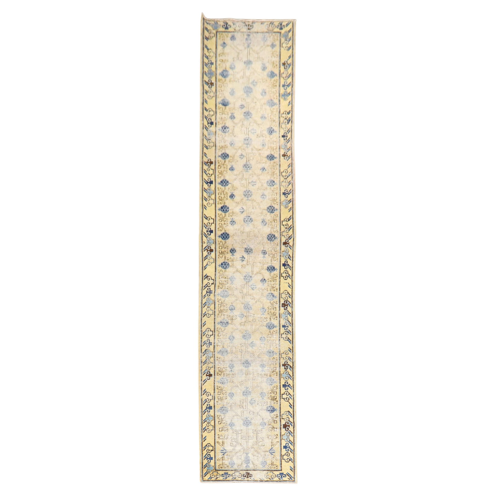Vintage Khotan Hand-Knotted Wool Runner 30x168 Pomegranate Design: Vintage Khotan Hand-Knotted Wool Runner 30x168 Pomegranate Design This antique Khotan runner, dating back to the late 19th century, features a beautiful pomegranate design in shades of gray, mustard, 