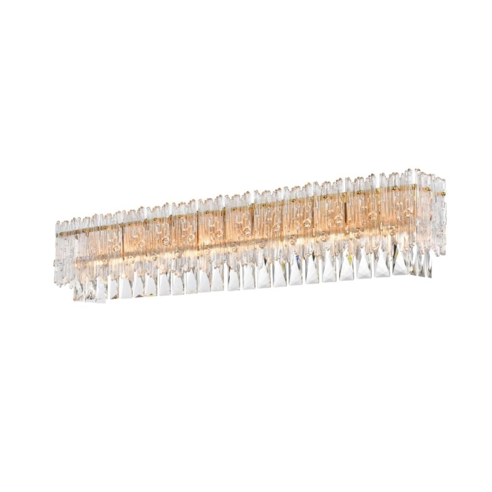 Emilia 8 Light Satin Gold Crystal Wall Sconce 34.5 Inch Wide: Emilia 8 Light Satin Gold Crystal Wall Sconce 34.5 Inch Wide This modern wall sconce features a high-quality satin gold finish and is adorned with royal cut clear crystals. Designed for both style and