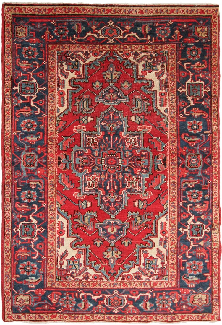 Circa 1920 Heriz Serapi wool rug 4x5 hand knotted (1 of 10)