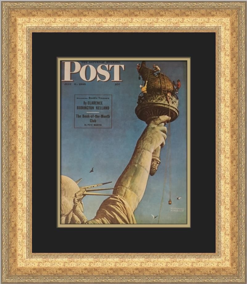 Norman Rockwell A Facelift for Miss Liberty Custom Framed Print 1983: Norman Rockwell A Facelift for Miss Liberty Custom Framed Print 1983 Celebrate the artistry of Norman Rockwell with this custom framed print titled 'A Facelift for Miss Liberty.' This medium-sized pie
