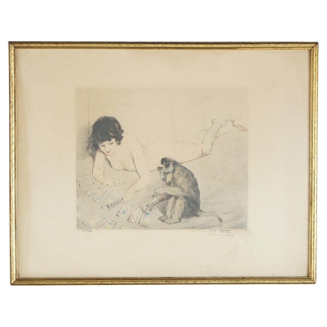 Antique French P.E. Felix Lithograph Nude Playing Cards with Monkey: Antique French P.E. Felix Lithograph Nude Playing Cards with Monkey This exquisite antique French lithograph by P. E. Felix, crafted circa 1920, depicts a whimsical scene of a nude figure engaging in 