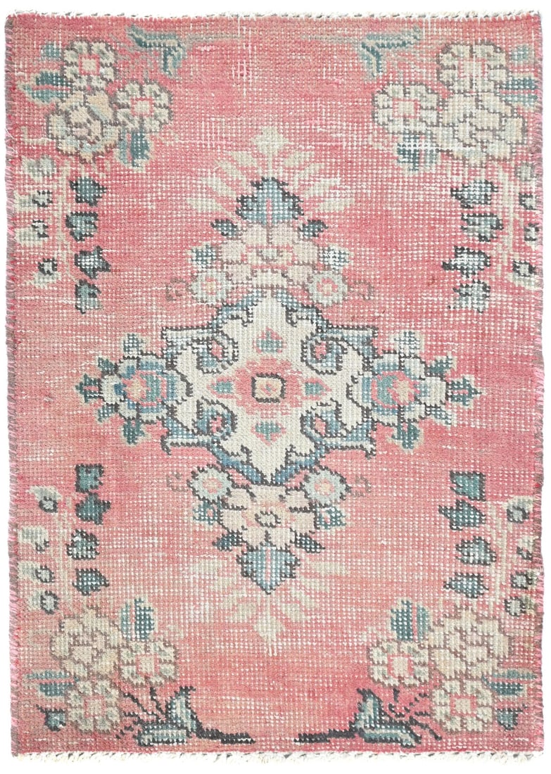 Vintage Hand-Knotted Oriental Rug 1'6 x 2'1 Floral Design: Vintage Hand-Knotted Oriental Rug 1'6 x 2'1 Floral Design Enhance your living space with this semi-antique distressed Oriental rug, featuring a charming muted red floral design. Expertly hand-knotted 