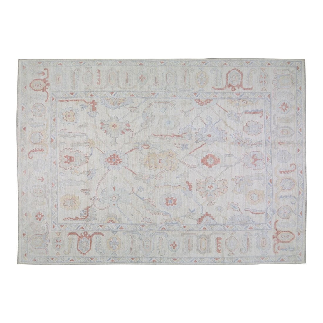 Turkish Oushak Wool Hand Knotted Rug 9'10x14: Turkish Oushak Wool Hand Knotted Rug 9'10x14 This Turkish Oushak rug is professionally hand-knotted from wool using traditional techniques. Its design merges classic craftsmanship with modern sensibil
