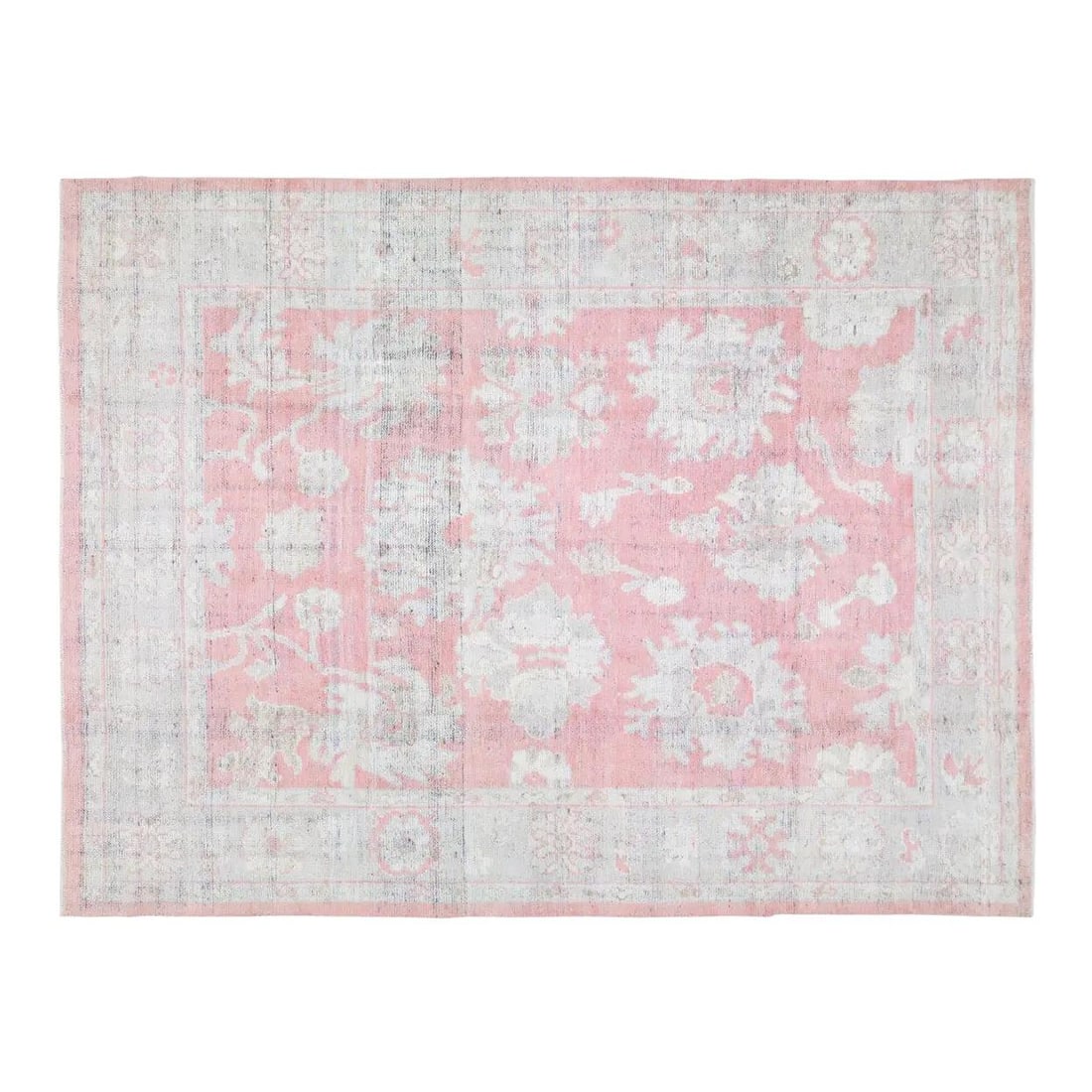 9'x11'9" Oushak Wool Rug Hand Knotted Turkish Vintage: 9'x11'9" Oushak Wool Rug Hand Knotted Turkish Vintage This vintage Turkish Oushak rug is hand-knotted from wool, showcasing traditional craftsmanship blended with modern design influences. Its soft te