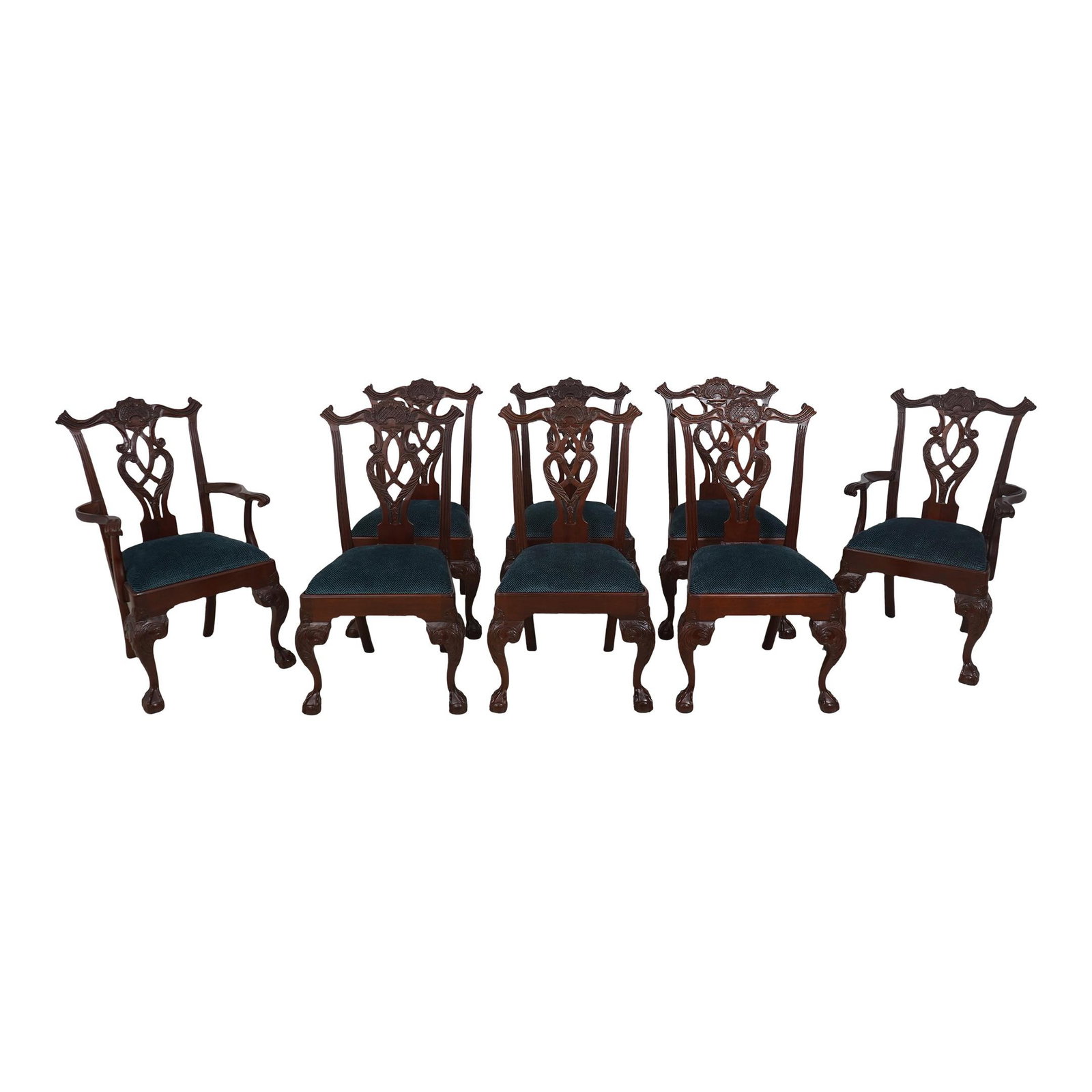 Set of 8 Baker Chippendale Mahogany Dining Chairs with Claw Feet: Set of 8 Baker Chippendale Mahogany Dining Chairs with Claw Feet This exquisite set of 8 Baker Chippendale dining chairs features a classic design with ball and claw feet, showcasing fine carved detai