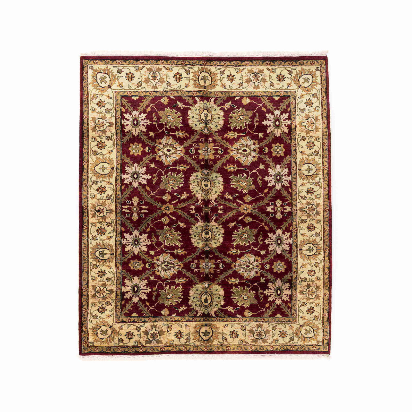 Handmade Usak Wool on Cotton Carpet 82.3 x 96.9 Inches: Handmade Usak Wool on Cotton Carpet 82.3 x 96.9 Inches This authentic handmade Usak carpet is crafted from high-quality wool on cotton, showcasing exquisite double knot weaving techniques. With its ge