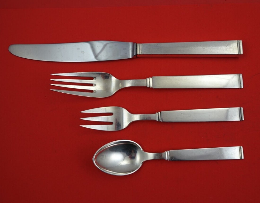 W&S Sorensen Funkis III Danish Sterling Silver 4-Piece Dinner Set: W&S Sorensen Funkis III Danish Sterling Silver 4-Piece Dinner Set Elevate your dining experience with the Funkis III dinner place setting by W&S Sorensen, crafted from high-quality Danish sterling sil