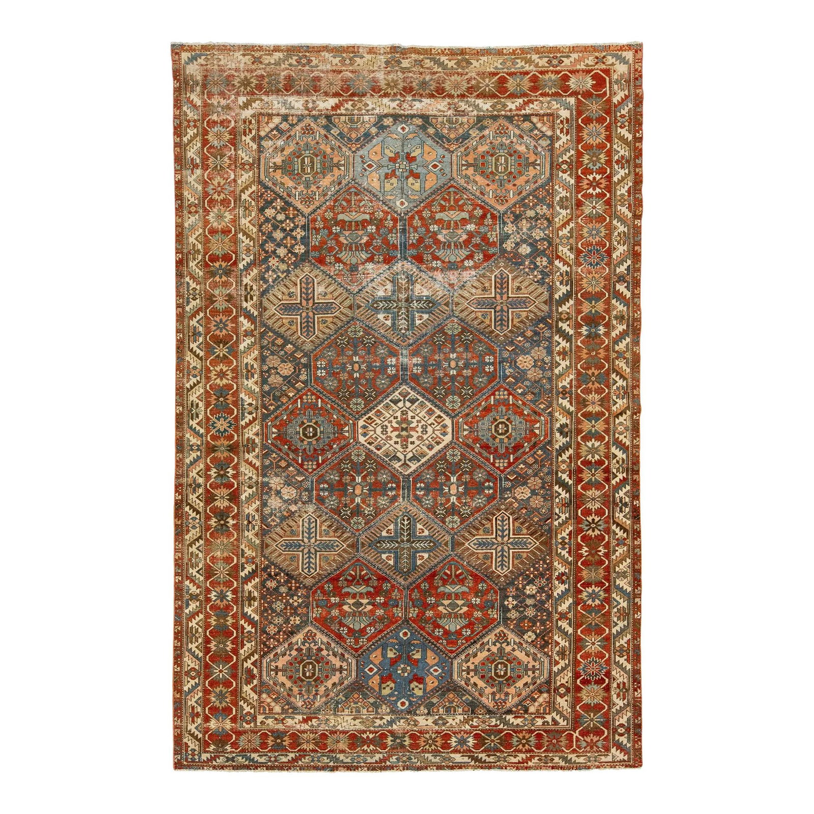 Antique Bakhtiari Wool Rug 1920s Persian Design Multicolor: Antique Bakhtiari Wool Rug 1920s Persian Design Multicolor This exquisite Antique Bakhtiari rug, hand-knotted from wool in the 1920s, features a stunning gray-blue color field adorned with a classic P