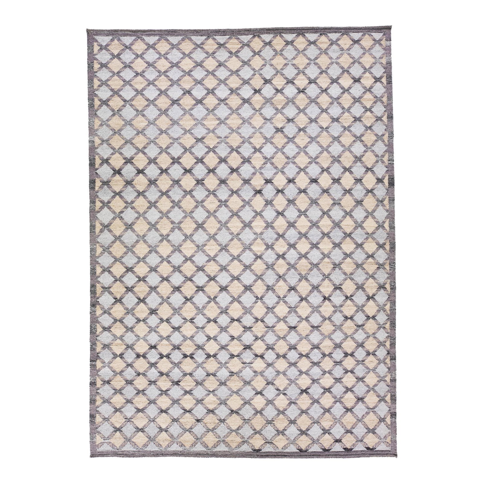 Handmade Gray Beige Wool Rug Modern Swedish Geometric Design 10'2 x 14'2: Handmade Gray Beige Wool Rug Modern Swedish Geometric Design 10'2 x 14'2 Discover the elegance of this modern Swedish-style wool rug, featuring a sophisticated gray field complemented by beige and pur