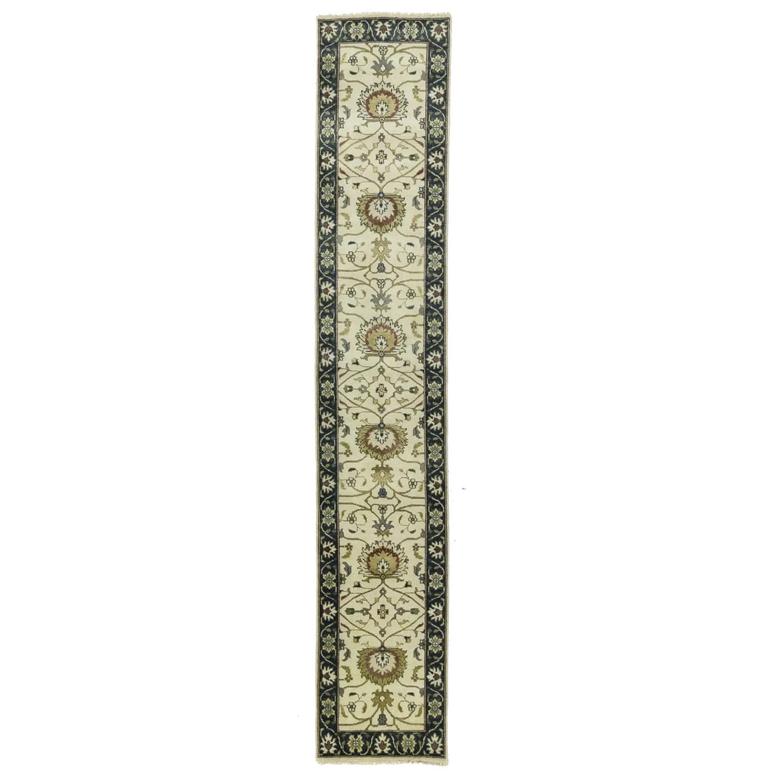 Hand Knotted Wool Floral Runner Rug 2'5 x 13'4 Cream: Hand Knotted Wool Floral Runner Rug 2'5 x 13'4 Cream Enhance your living space with this Handmade Cream Osh Chobi Floral Runner Rug. Measuring 2'5" x 13'4", this elegant rug features a beautiful flora