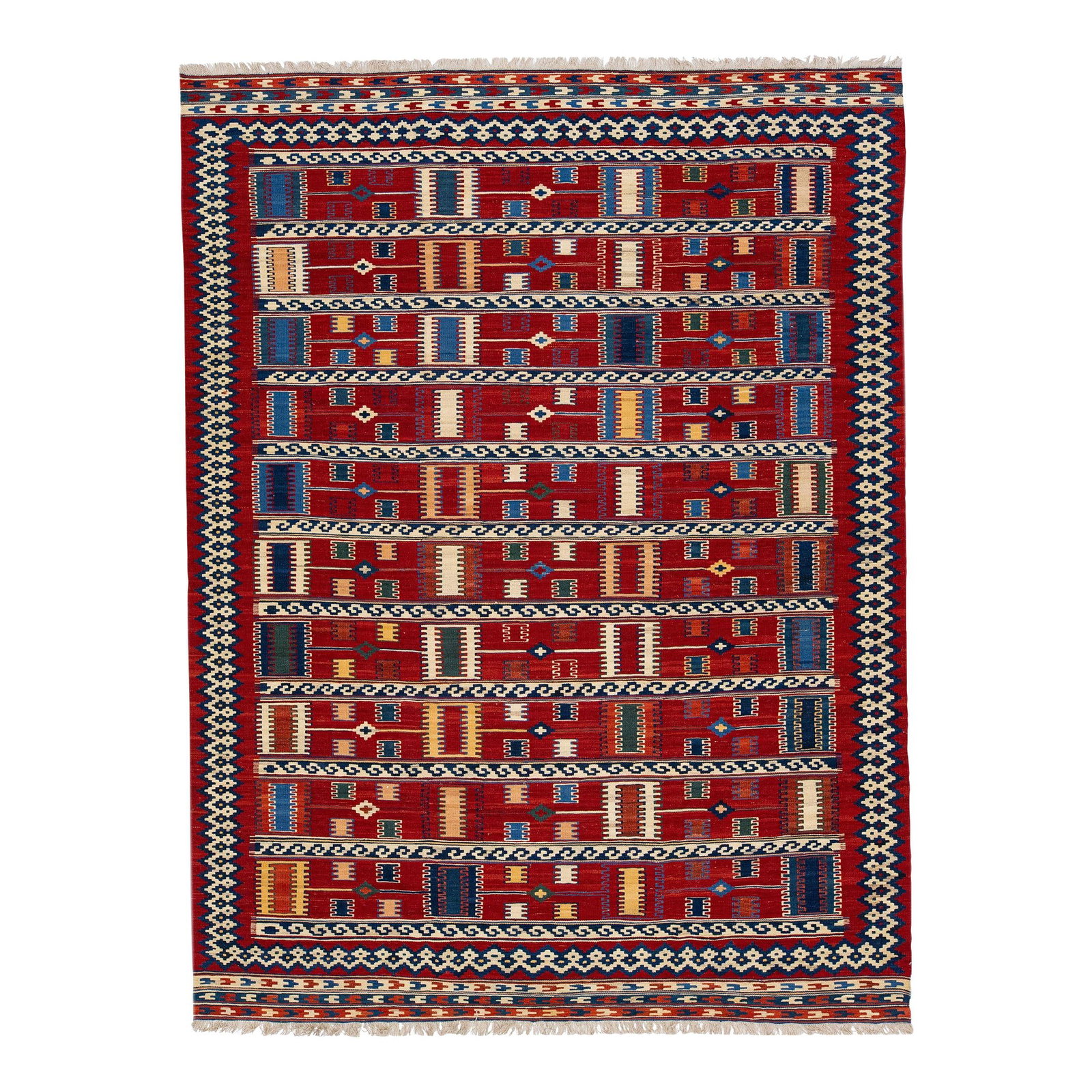 1960s Vintage Kilim Handmade Wool Rug Red Geometric Design 7'4 x 9'7: 1960s Vintage Kilim Handmade Wool Rug Red Geometric Design 7'4 x 9'7 This stunning vintage Kilim rug features a vibrant red field adorned with a captivating all-over geometric design complemented by m