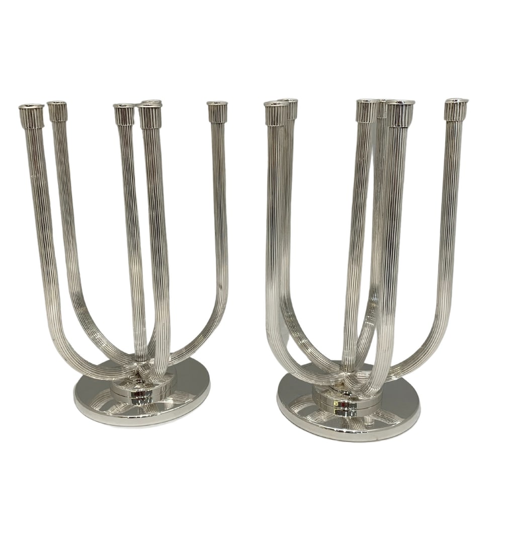 Italian 925 Sterling Silver Handmade 12 Light Striated Candelabra Pair: Italian 925 Sterling Silver Handmade 12 Light Striated Candelabra Pair This exquisite pair of candelabras showcases the elegance of Italian craftsmanship, made from high-quality 925 sterling silver. E