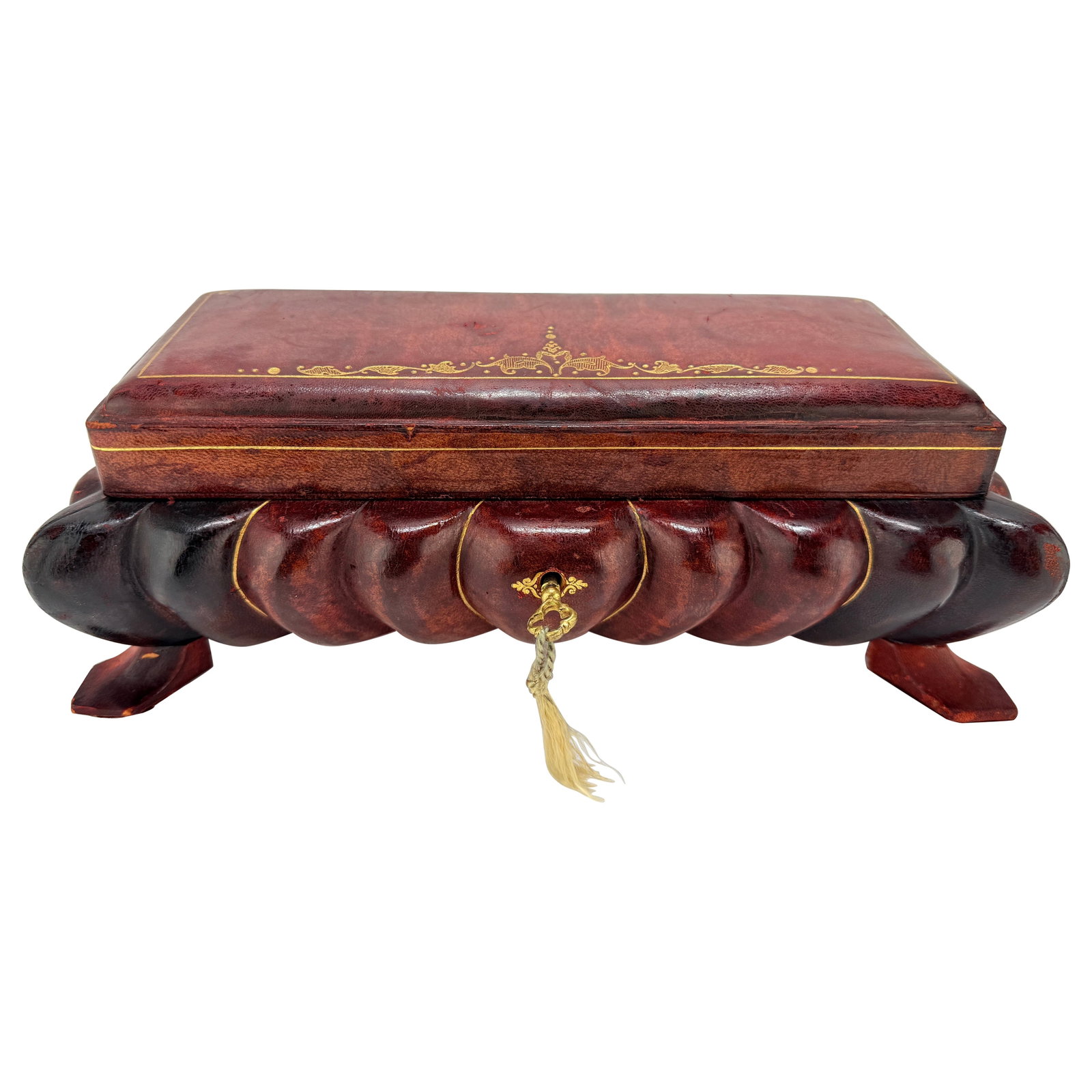 Mid-Century Italian Leather Jewelry Box with Gilt Tooling and Musical Feature (1 of 10)
