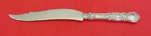 Tiffany Co Saint James Sterling Fish Knife Narrow Notch 7 7/8: Tiffany Co Saint James Sterling Fish Knife Narrow Notch 7 7/8 Sterling silver fish knife in the Saint James pattern by Tiffany & Co., made in the United States and dating to 1850-1899. The knife is mo