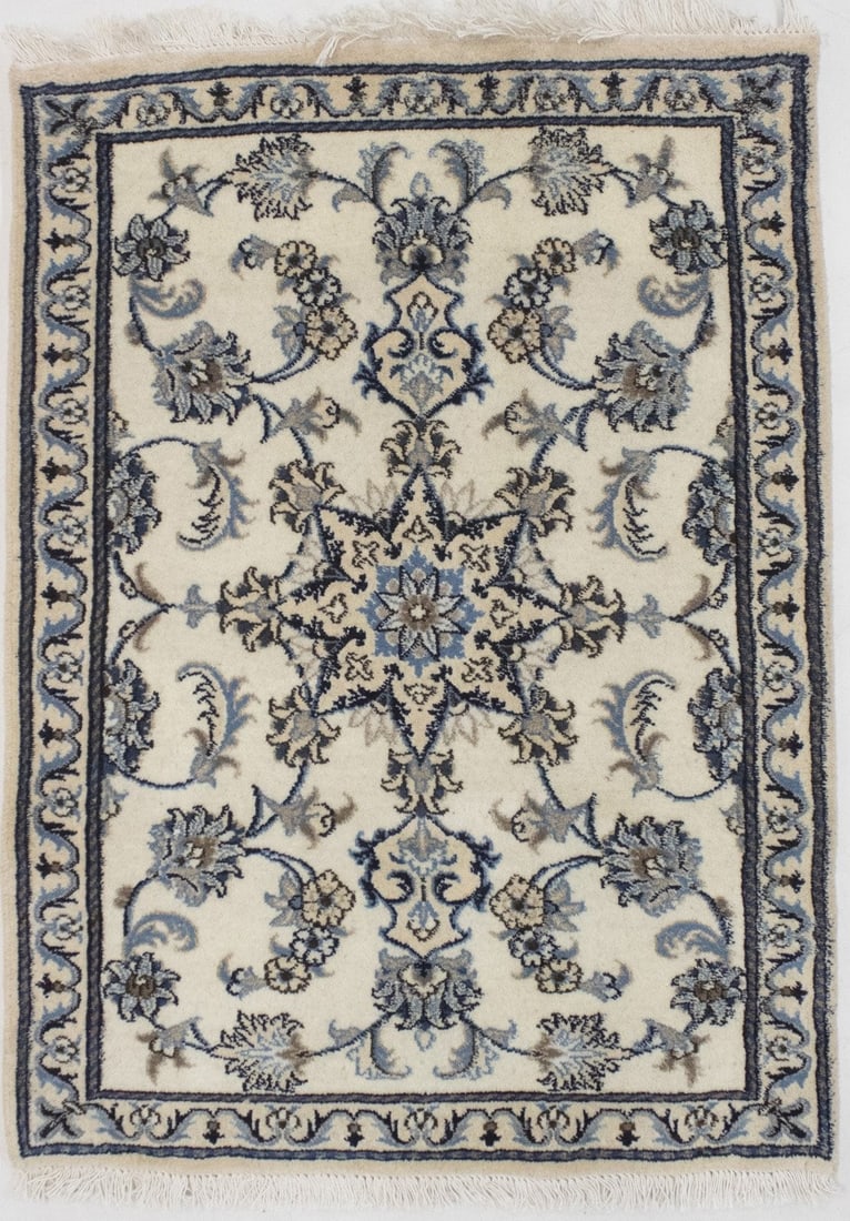 Hand-Knotted Wool Entry Rug with Floral Oriental Pattern 2'8 x 3'10: Hand-Knotted Wool Entry Rug with Floral Oriental Pattern 2'8 x 3'10 This small hand-knotted wool area rug features a classic oriental floral design in shades of ivory, navy blue, light blue, and khaki
