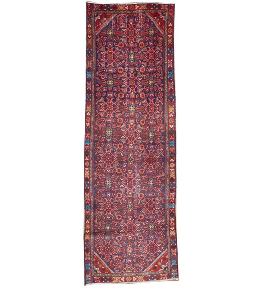 Wool Hand Knotted Tribal Runner Rug 3'1-3'6 x 10'0 ft: Wool Hand Knotted Tribal Runner Rug 3'1-3'6 x 10'0 ft This semi-antique hand-knotted Oriental runner rug features a striking geometric pattern and a rich palette of purple, navy, red, gold, rusty pink