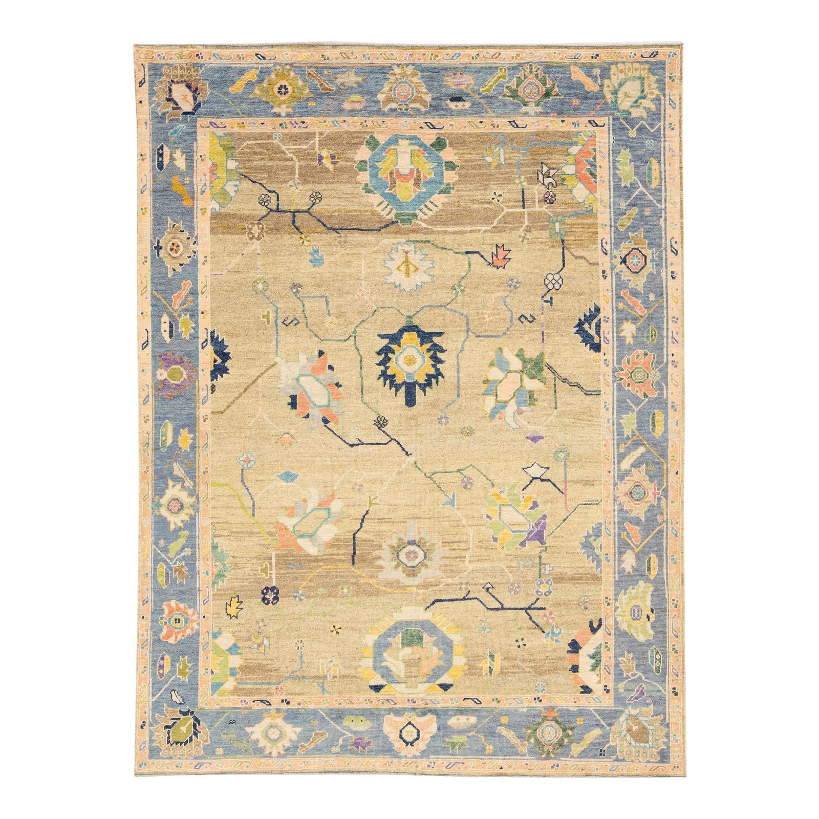 Modern Oushak Hand-Knotted Wool Rug Tan Multicolor Floral 9'1 x 12'1: Modern Oushak Hand-Knotted Wool Rug Tan Multicolor Floral 9'1 x 12'1 Enhance your living space with this stunning modern Oushak hand-knotted wool rug. Featuring a warm tan field, this rug is framed in